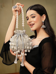 Dewdrop Fringe Silver & Ivory Embellished Faux Silk Potli