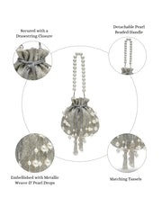 Dewdrop Fringe Silver & Ivory Embellished Faux Silk Potli