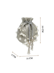 Dewdrop Fringe Silver & Ivory Embellished Faux Silk Potli