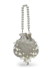 Dewdrop Fringe Silver & Ivory Embellished Faux Silk Potli