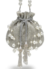Dewdrop Fringe Silver & Ivory Embellished Faux Silk Potli