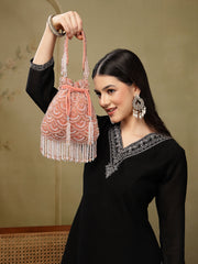 Crystal Cascade Coral Pink & Gold Scalloped Embellsihed Velvet Potli