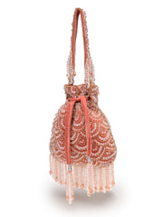 Crystal Cascade Coral Pink & Gold Scalloped Embellsihed Velvet Potli