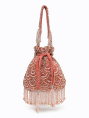Crystal Cascade Coral Pink & Gold Scalloped Embellsihed Velvet Potli