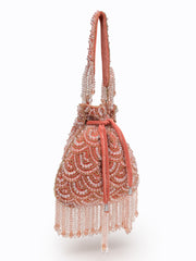 Crystal Cascade Coral Pink & Gold Scalloped Embellsihed Velvet Potli