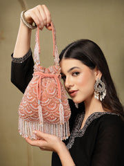 Crystal Cascade Coral Pink & Gold Scalloped Embellsihed Velvet Potli