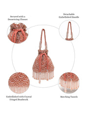 Crystal Cascade Coral Pink & Gold Scalloped Embellsihed Velvet Potli