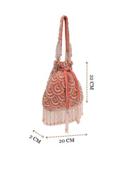 Crystal Cascade Coral Pink & Gold Scalloped Embellsihed Velvet Potli