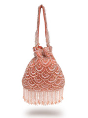 Crystal Cascade Coral Pink & Gold Scalloped Embellsihed Velvet Potli