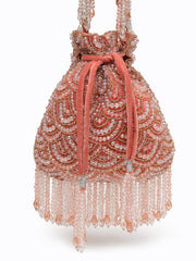 Crystal Cascade Coral Pink & Gold Scalloped Embellsihed Velvet Potli