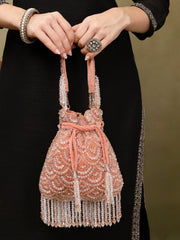 Crystal Cascade Coral Pink & Gold Scalloped Embellsihed Velvet Potli