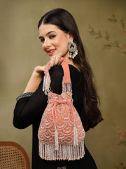 Crystal Cascade Coral Pink & Gold Scalloped Embellsihed Velvet Potli