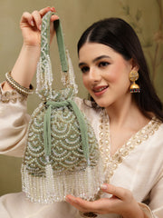 Crystal Cascade Sage Green & Gold Scalloped Embellsihed Velvet Potli