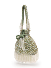 Crystal Cascade Sage Green & Gold Scalloped Embellsihed Velvet Potli