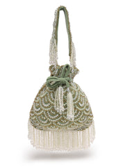 Crystal Cascade Sage Green & Gold Scalloped Embellsihed Velvet Potli