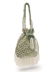 Crystal Cascade Sage Green & Gold Scalloped Embellsihed Velvet Potli