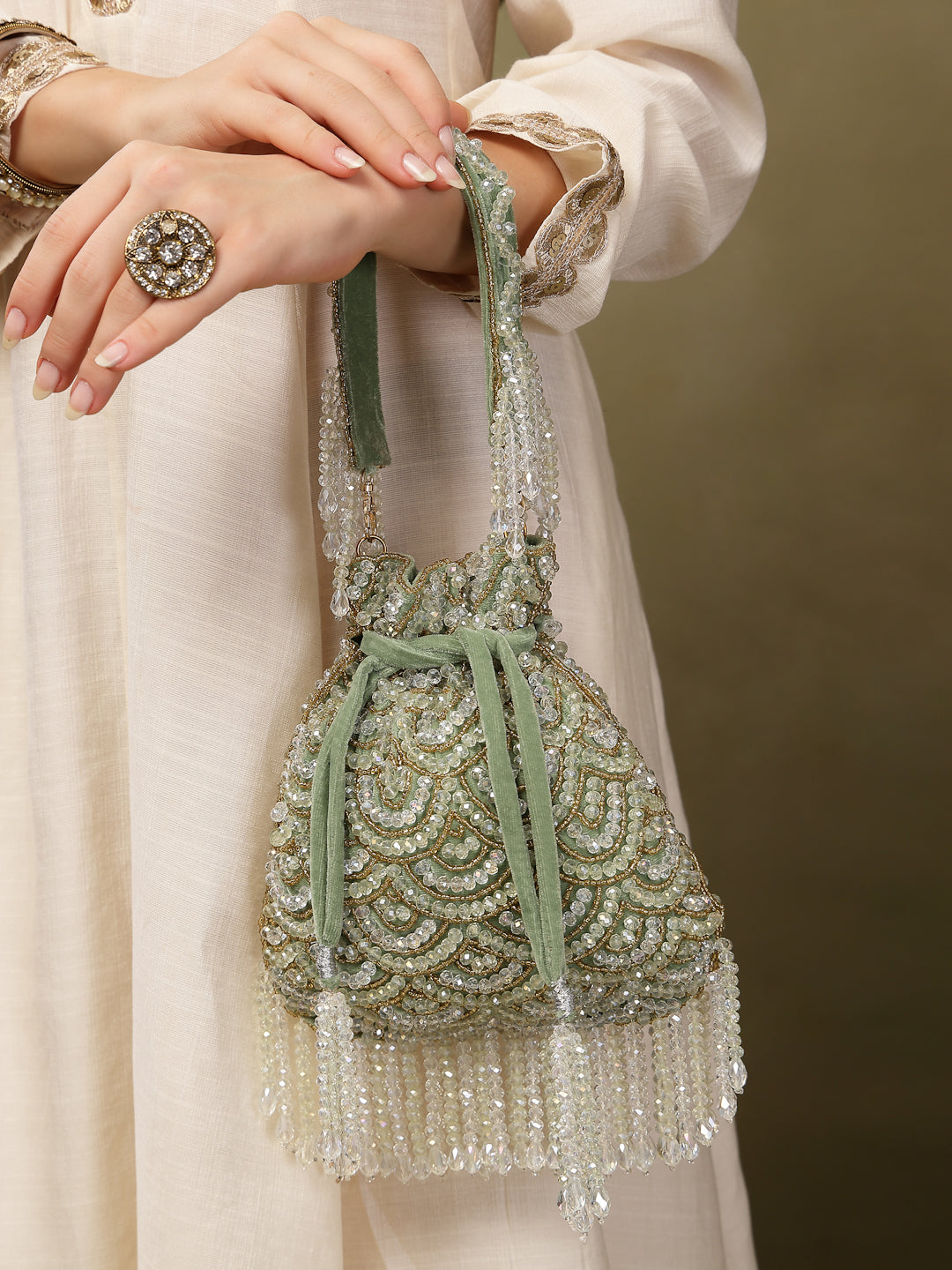 Crystal Cascade Sage Green & Gold Scalloped Embellsihed Velvet Potli