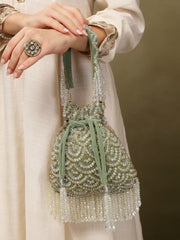 Crystal Cascade Sage Green & Gold Scalloped Embellsihed Velvet Potli
