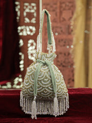 Crystal Cascade Sage Green & Gold Scalloped Embellsihed Velvet Potli