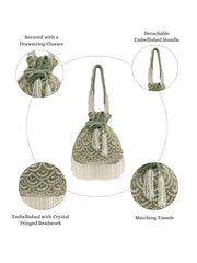 Crystal Cascade Sage Green & Gold Scalloped Embellsihed Velvet Potli