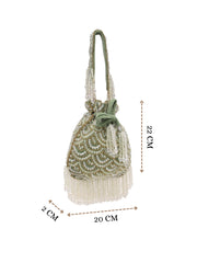 Crystal Cascade Sage Green & Gold Scalloped Embellsihed Velvet Potli