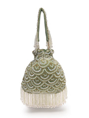 Crystal Cascade Sage Green & Gold Scalloped Embellsihed Velvet Potli