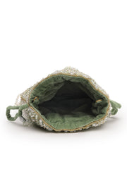 Crystal Cascade Sage Green & Gold Scalloped Embellsihed Velvet Potli