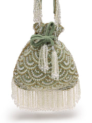 Crystal Cascade Sage Green & Gold Scalloped Embellsihed Velvet Potli