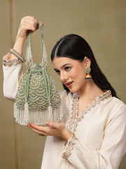 Crystal Cascade Sage Green & Gold Scalloped Embellsihed Velvet Potli