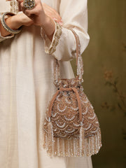 Crystal Cascade Coffee & Gold Scalloped Embellsihed Velvet Potli