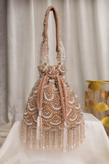 Crystal Cascade Coffee & Gold Scalloped Embellsihed Velvet Potli
