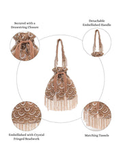 Crystal Cascade Coffee & Gold Scalloped Embellsihed Velvet Potli