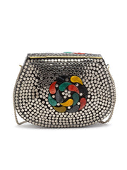 Mosaic Stone Work Embellished Metal Clutch