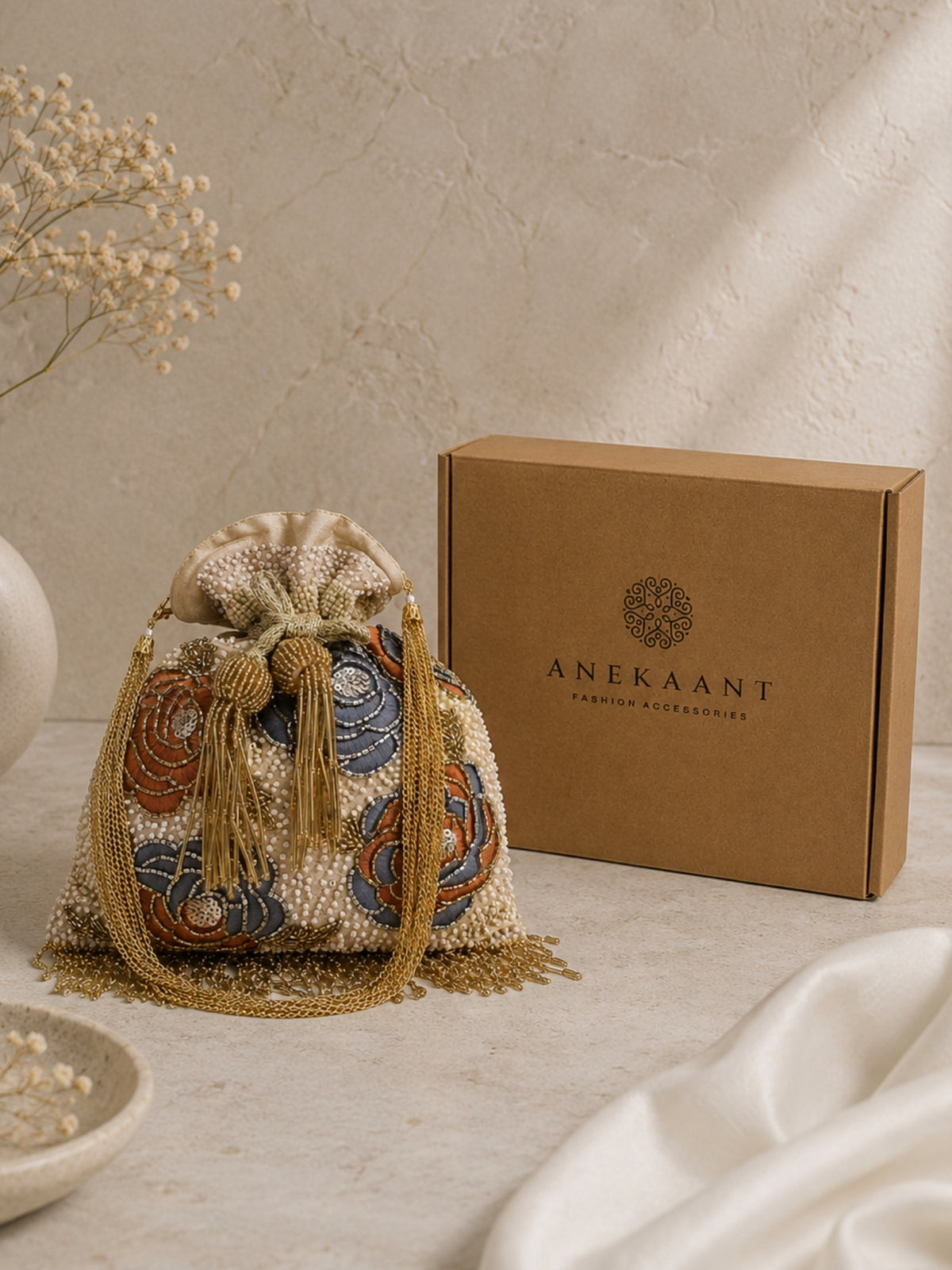 Dangle Floral Embellished Potli with signature gift box | Wedding Gift for Women