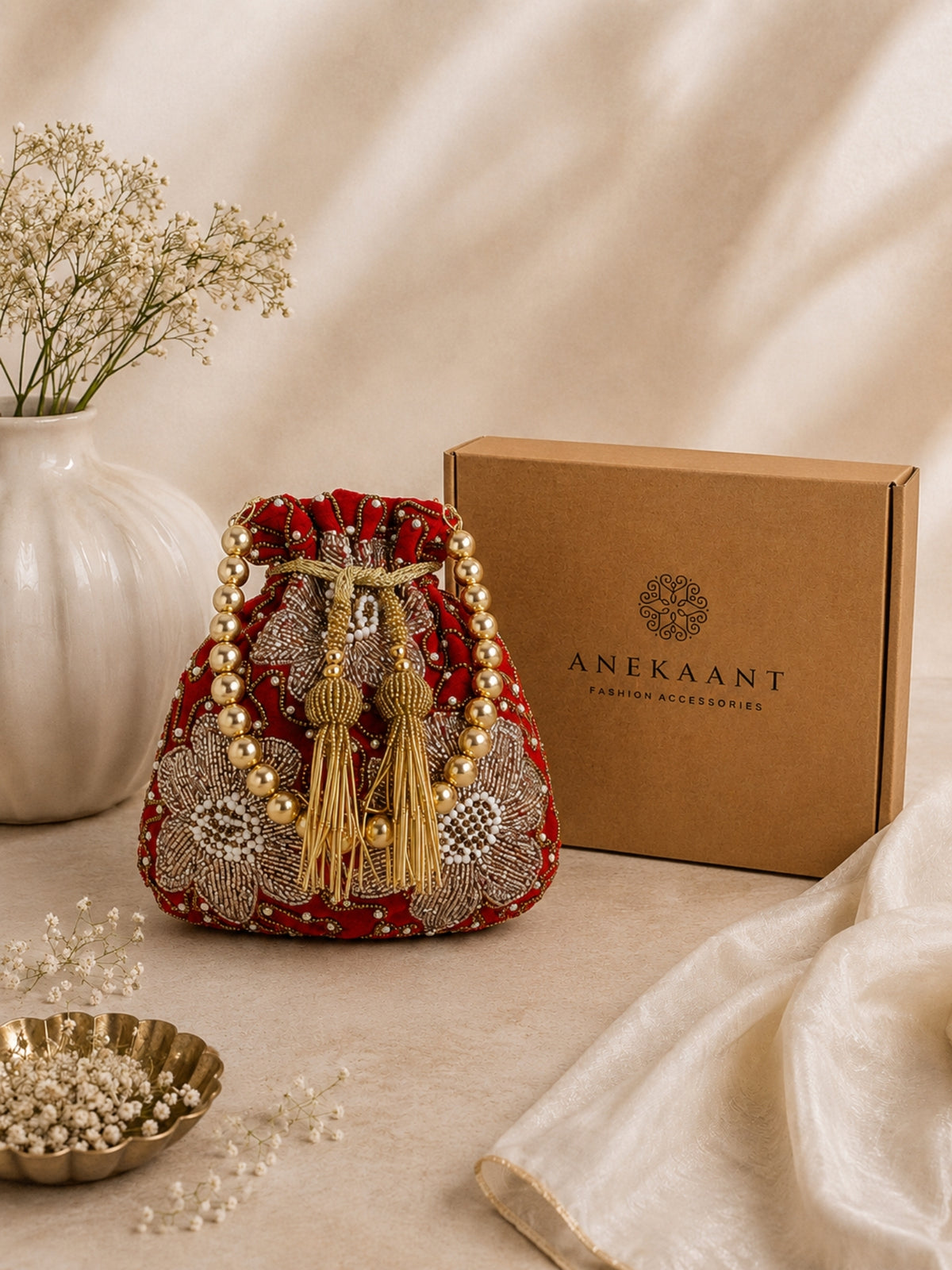 Dangle Floral Embellished Potli with signature gift box | Teej Gift for Women