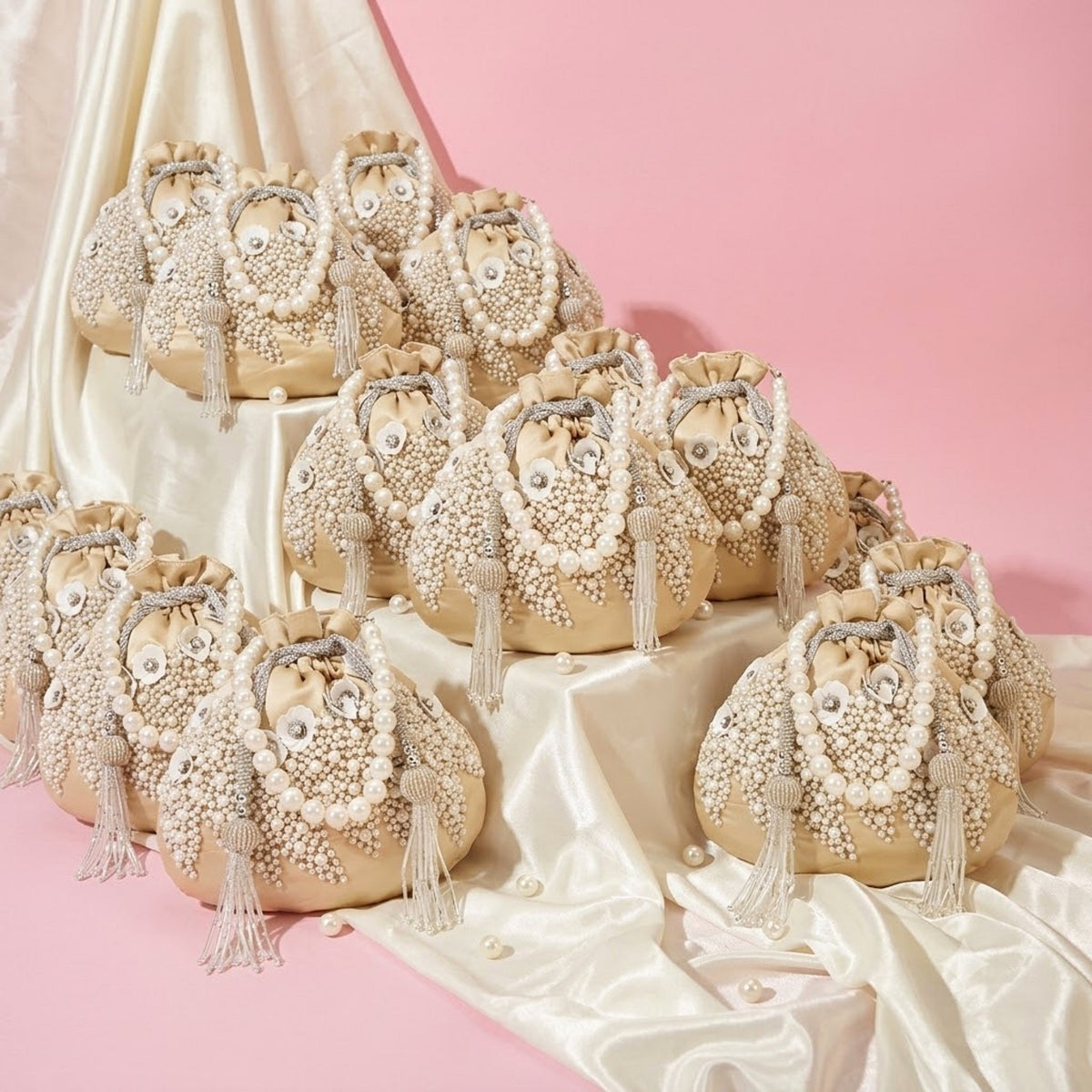 Dangle Floral Embellished Wedding Favor Potli Set of 10 | Luxury Wedding Welcome Gift Bags