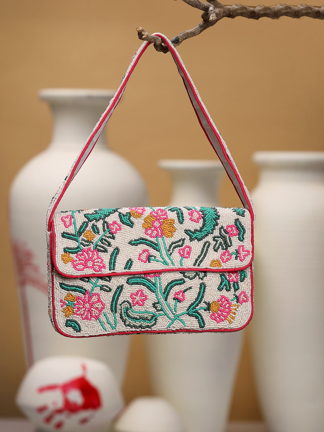 Beaded Botanica Canvas Floral & Vine Motifs Embroidered Clutch