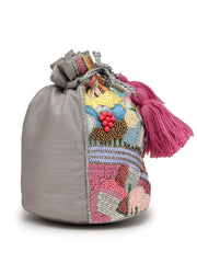 Anekaant Beaded Muse Grey Faux Silk Abstract Embellished Pattern Potli