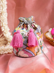 Anekaant Beaded Muse Grey Faux Silk Abstract Embellished Pattern Potli