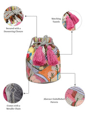 Anekaant Beaded Muse Grey Faux Silk Abstract Embellished Pattern Potli