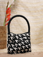 Anekaant Beaded Muse Black Cotton Houndstooth Geometric Beaded Clutch