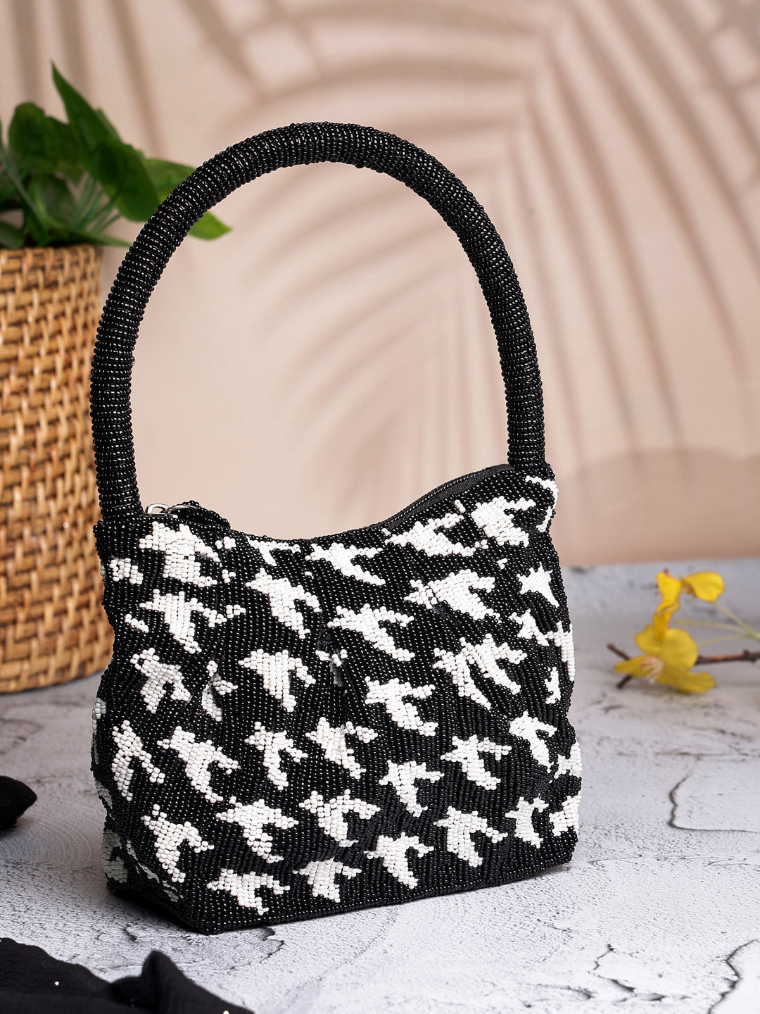 Anekaant Beaded Muse Black Cotton Houndstooth Geometric Beaded Clutch