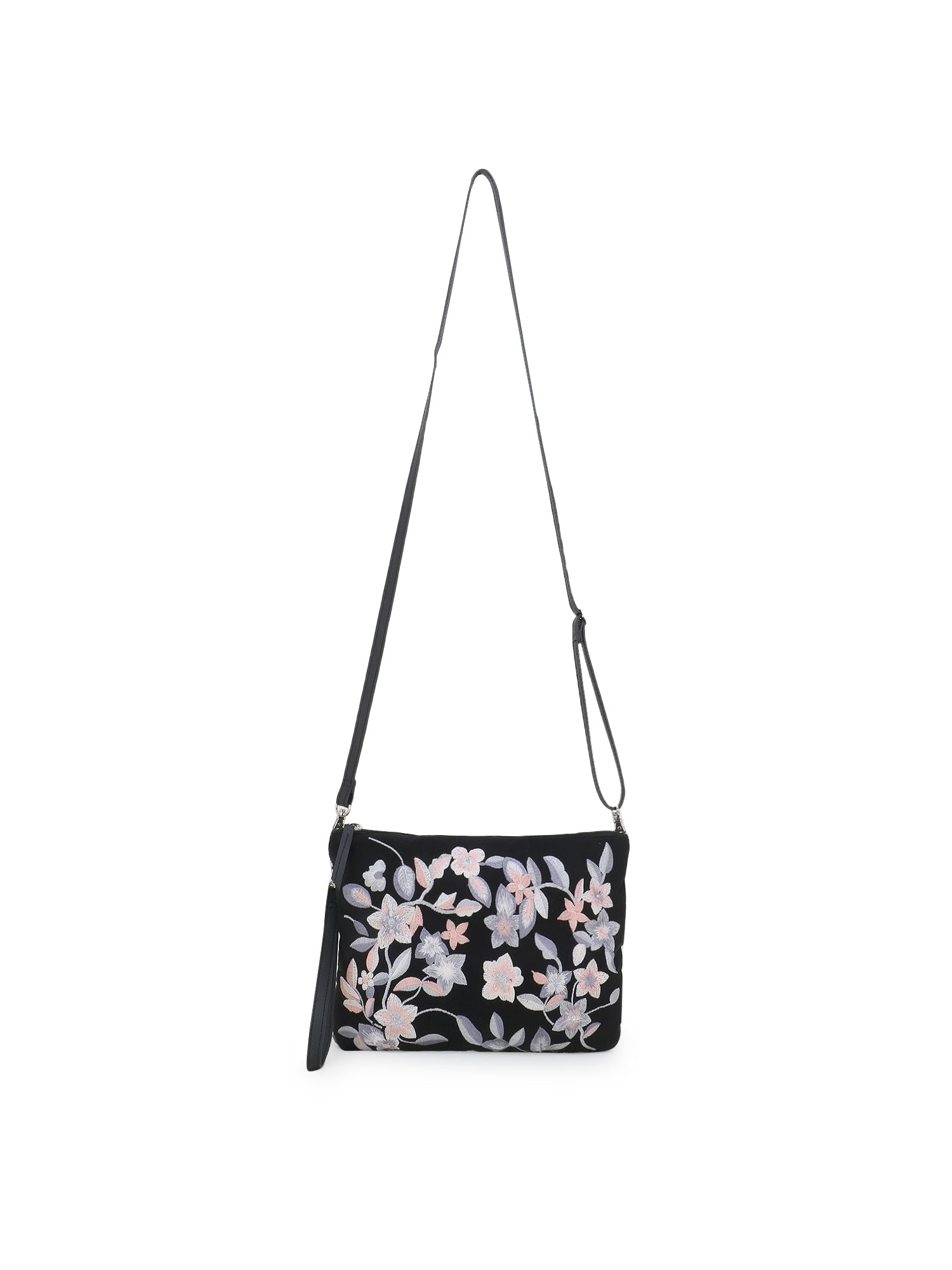 Verdant Floral Embroidered Polysuede & Leatherette Sling Bag