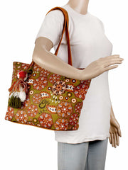 Florid Printed Canvas & Pu Tote Bag