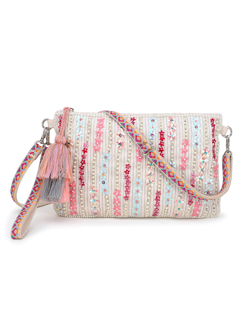 Glid Striped Sequined Cotton Handloom & Leatherette Sling Bag
 - Natural & Pink