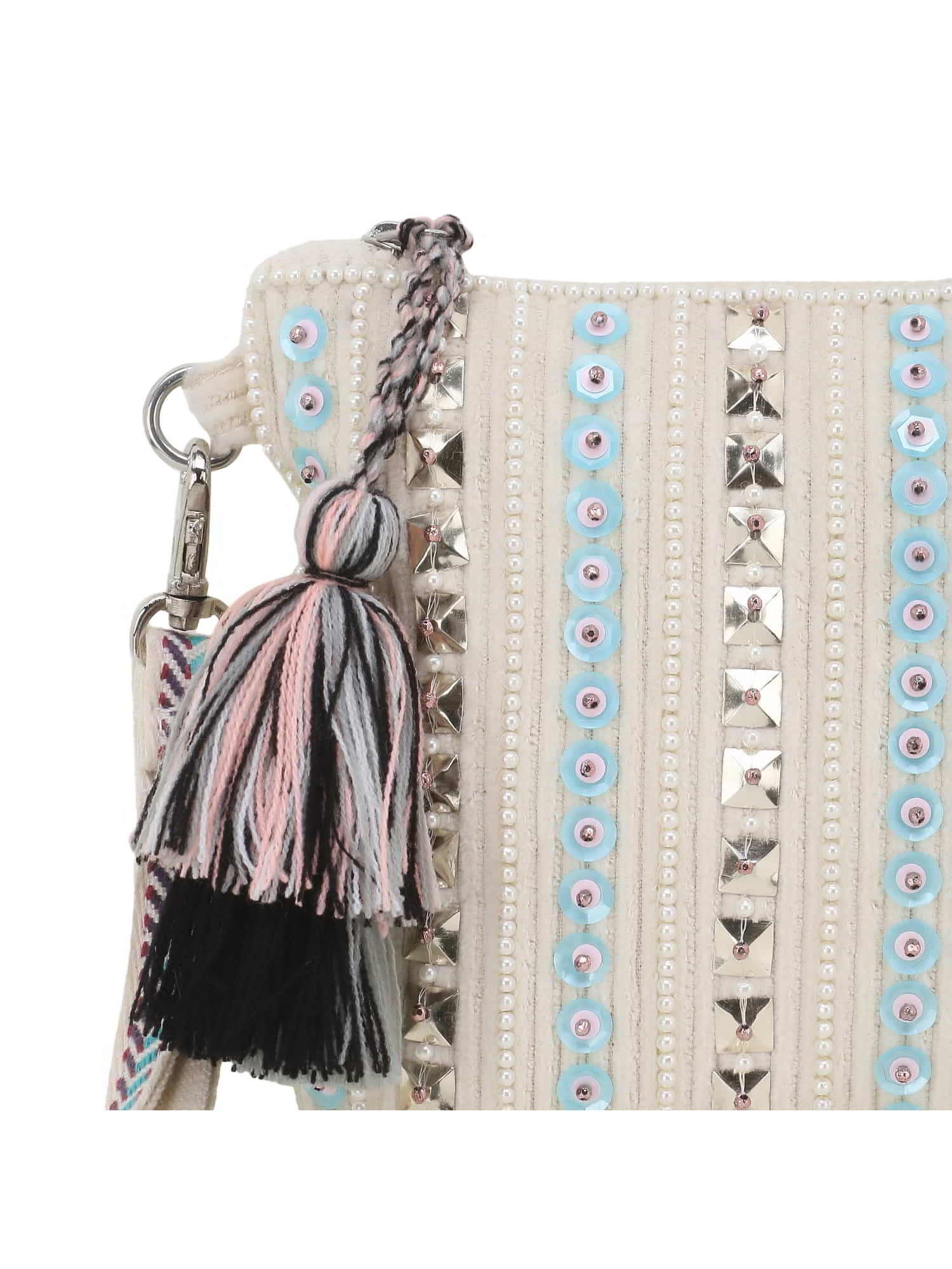 Glid Striped Sequined Cotton Handloom & Leatherette Sling Bag