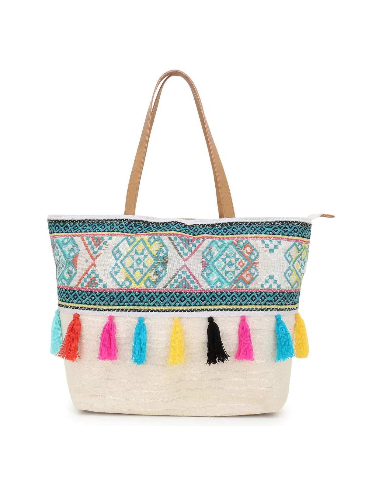 Droopy Greek Key Textured Polycotton Jacquard & Leatherette Tote Bag