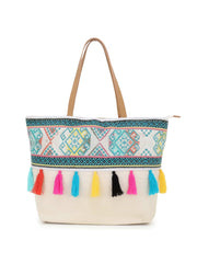 Droopy Greek Key Textured Polycotton Jacquard & Leatherette Tote Bag