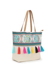 Droopy Greek Key Textured Polycotton Jacquard & Leatherette Tote Bag