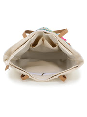 Droopy Greek Key Textured Polycotton Jacquard & Leatherette Tote Bag